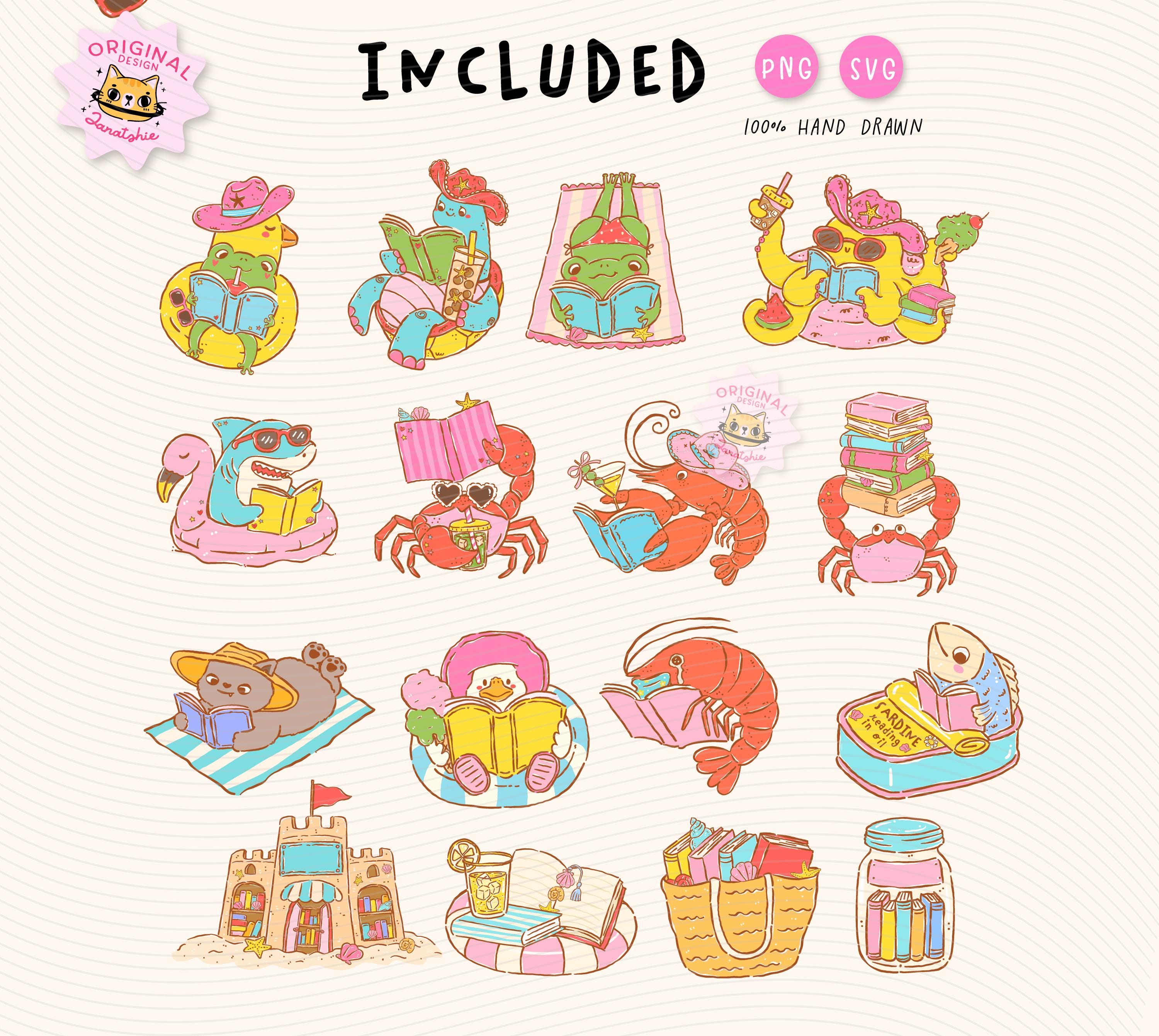 Retro Beach Reading PNG, Bookish Summer SVG, Animals Read Book Clipart ...