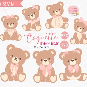 Coquette teddybeer png, retro beer met roze strik SVG, vintage preppy esthetische clipartset
