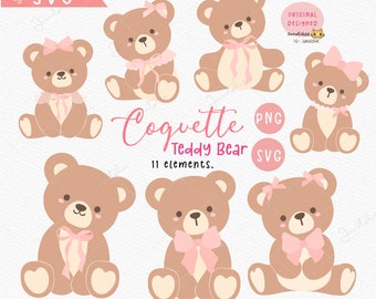 Coquette Teddy Bear with Pink Bow SVG PNG Clipart Set : Nursery Birthday Girl Bears