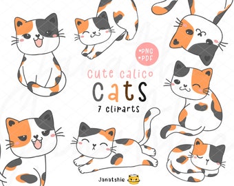 Tri color Cat Clipart PNG Set, kawaii calico kitten clip art set, happy tabby pet cartoon hand drawing, Digital Download