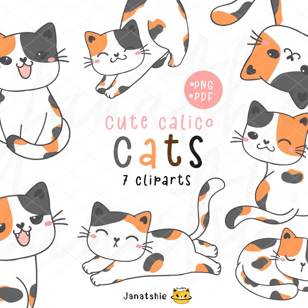 Tri color Cat Clipart PNG Set, kawaii calico kitten clip art set, happy tabby pet cartoon hand drawing, Digital Download, vector EPS
