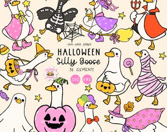 Halloween Goose Clipart Set: Spooky Silly Goose Cartoon Hand Drawn (SVG, PNG Digital Download )