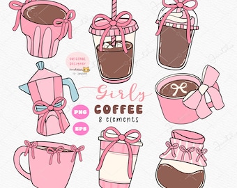 Coquette Coffee PNG Clipart | Meisjesachtige roze ijskoffie SVG | Retro Doodle koffiekopjesset | Schattige handgetekende koffie