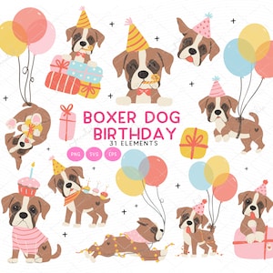 Birthday Dog Clipart Brown Boxer puppies Dog Art SVG,  Kawaii Puppy PNG Clipart cartoon graphic vector