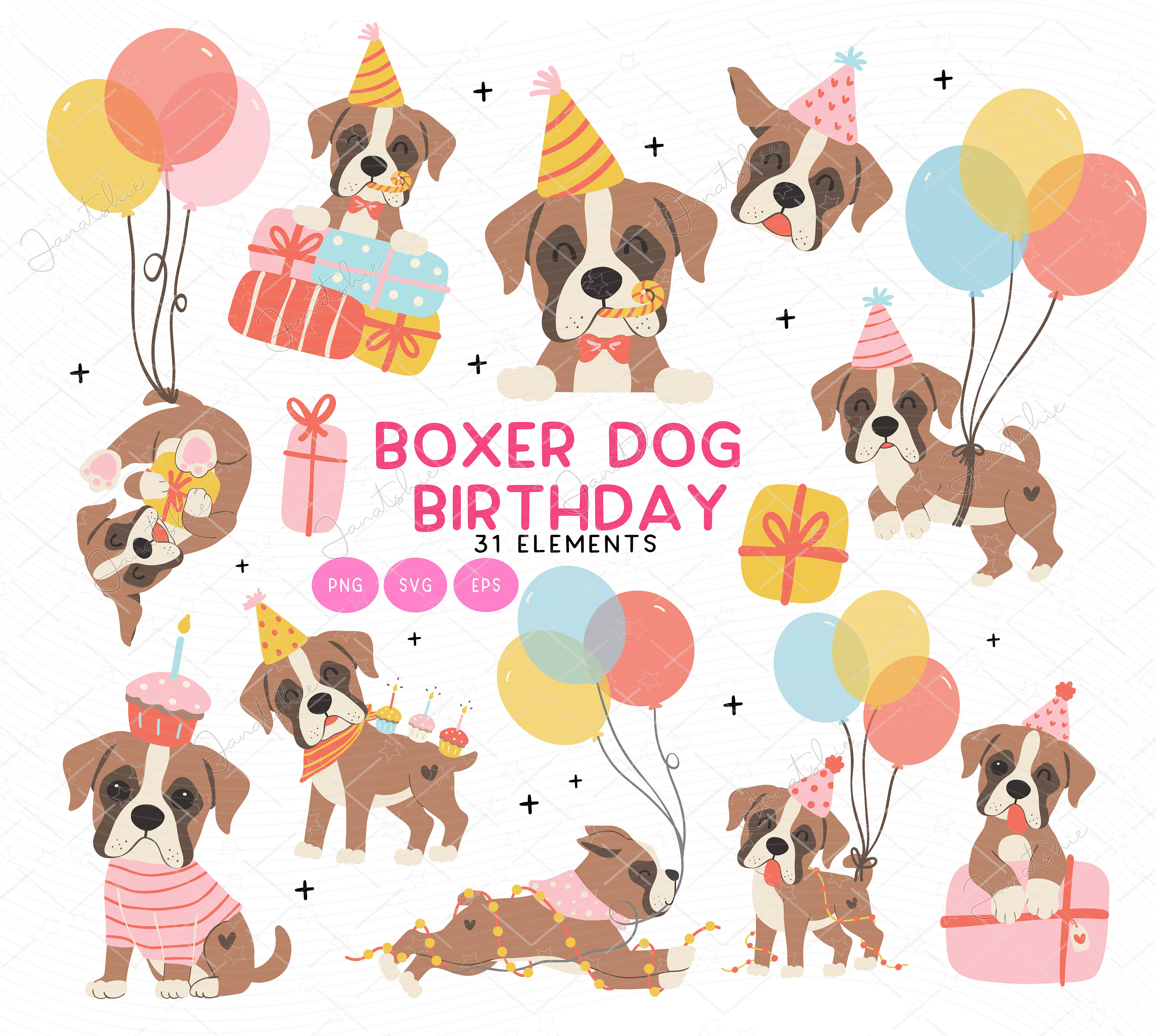 Birthday Dog Clipart Brown Boxer puppies Dog Art SVG,  Kawaii Puppy PNG Clipart cartoon graphic vector