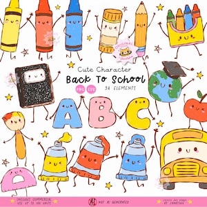 May include: A collection of school-themed illustrations featuring anthropomorphic characters including crayons, a pencil, a notebook, a globe with a graduation cap, an apple, paint tubes, a school bus, and the letters A, B, and C with smiling faces.
