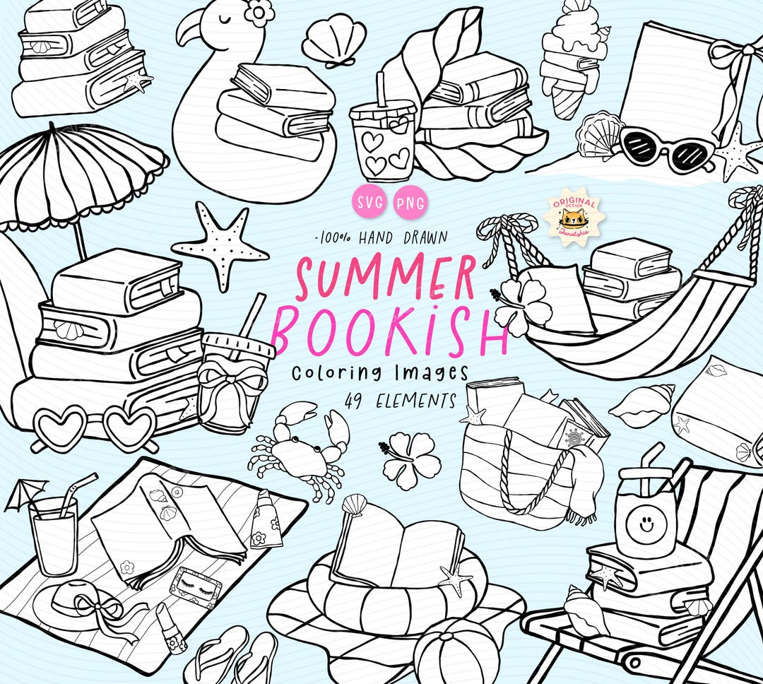 Summer Bookish Clipart: Coastal Beach Reading Doodles (SVG PNG Digital ...