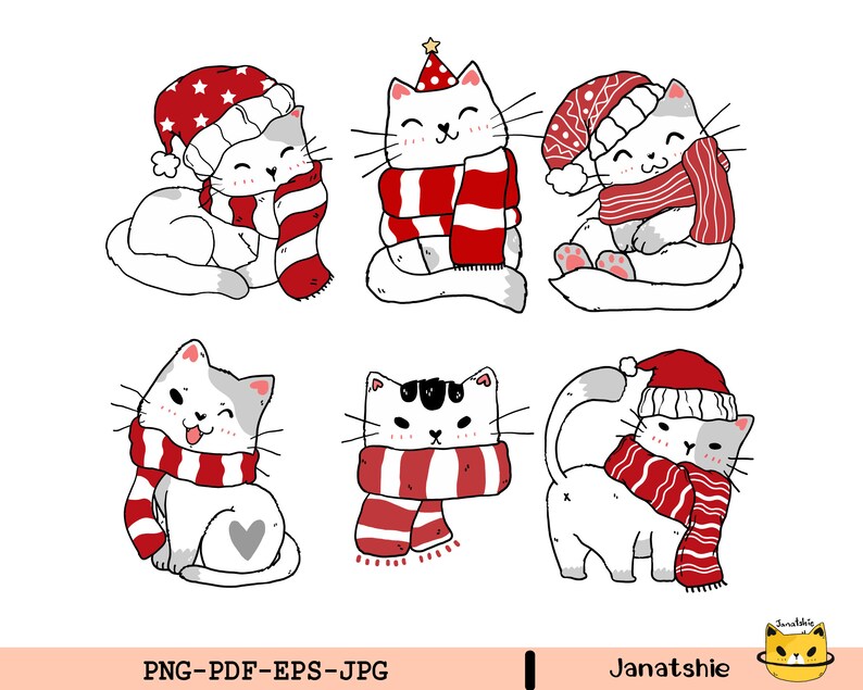 Christmas Cat PNG File in Red Winter Hat and Scarf Clip Art Collection ...