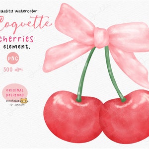 ピンクのリボンが付いたかわいいコケットチェリーの水彩画クリップアート png、赤いチェリーとホットピンクのチェリーが手描きされています。