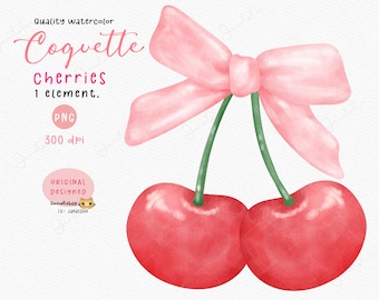 Coquette kersen met roze strik aquarel clipart (digitale png-download)