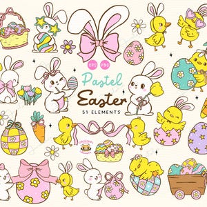 Conejito de Pascua retro, orejas de pollo, coqueta, lazo PNG, lindo, colorido, pastel, primavera, huevo de Pascua, caricatura caprichosa, dibujado a mano, clipart