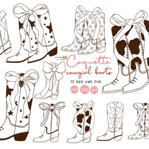 Coquette bottes de cow-girl contour svg, png, clipart eps ensemble, cow-girl svg, bottes girly et noeud, esthétique cow-girl, timbre numérique Girly cowboy.