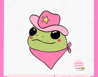 Retro girly cowboy frog png Coquette frog mental health frog emotional support trendy design for room decor, shirt, sticker, mug printable