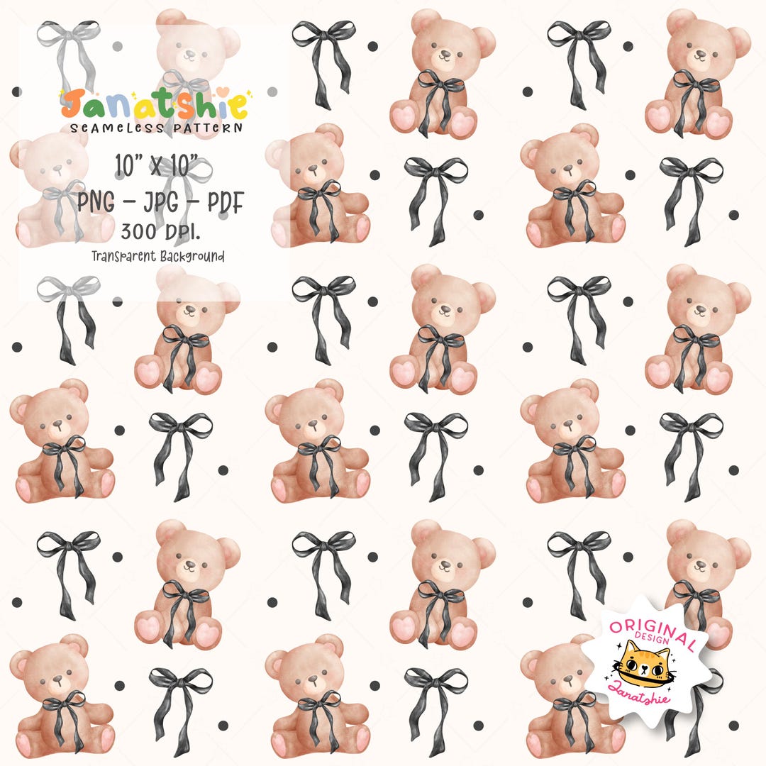 Preppy Coquette Teddy Bear With Black Ribbon Bow Watercolor Pattern ...