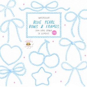 Fiocco di perle blu retrò Coquette e cornici PNG Y2K Fiocco di nastro di perle Acquerello PNG clipart Dipinto a mano Vintage Pastello Fiocco morbido da ragazza era