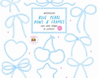 Blue Pearl Ribbon Bow PNG Clipart: Y2K Watercolor Frames (Digital Download)
