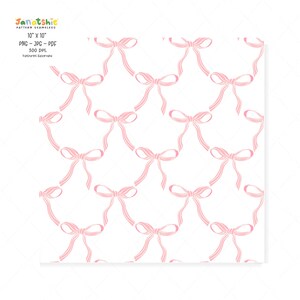 May include: A seamless pattern featuring pink bows on a white background. The bows are arranged in a repeating pattern, creating a delicate and feminine design.
