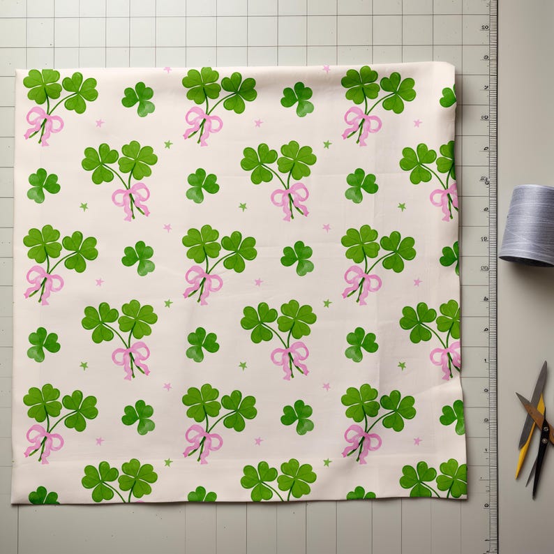 May include: A white fabric with a repeating pattern of green four-leaf clovers with pink bows. The fabric is on a white gridded surface.