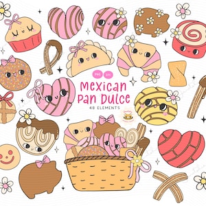 Cute Mexican Pan Dulce Clipart Groovy Retro Concha Clipart Girly Conchas PNG Mexican Bread PNG Bundle doodle hand drawing digital sticker