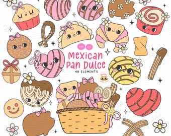 May include: A set of 48 colorful cartoon illustrations of Mexican pan dulce, including conchas, churros, and other traditional pastries. The illustrations are in a cute, whimsical style and are perfect for use in digital or printed projects.