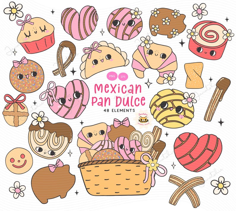 Cute Mexican Pan Dulce Clipart Groovy Retro Concha Clipart Girly Conchas PNG Mexican Bread PNG Bundle doodle hand drawing digital sticker