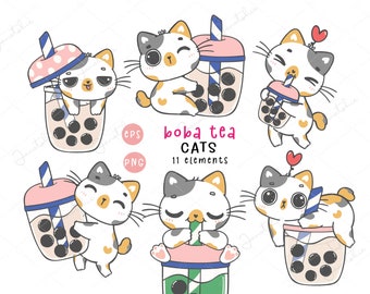 Boba Tea Cat Clipart: Kawaii Calico Kitten PNG (Digital Download)