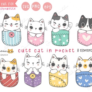 Kawaii cute cat in shirt pocket svg cut file, kitten in pocket clipart, cat digital printable clipart, kitten doodle cartoon illustration