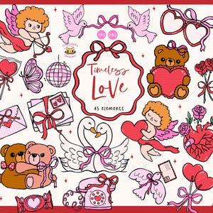 Rétro groovy Saint-Valentin Clipart coquette lunatique ours en peluche vintage Cupidon nostalgie Icon Set ligne en gras dessinés à la main Design intemporel PNG EPS