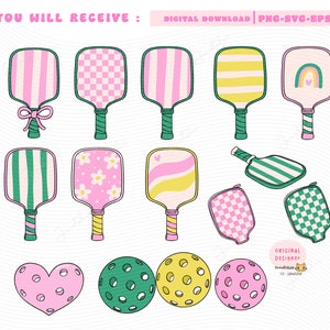Retro Pickleball clipart set Trendy Pickleball svg Girl Social club pickle ball PNG