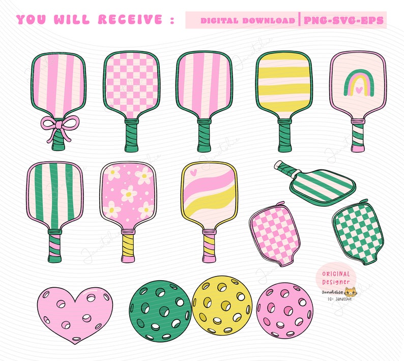Retro Pickleball clipart set Trendy Pickleball svg Girl Social club pickle ball PNG