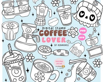 Groovy Retro Coffee Outline Doodle Hand Drawn Clipart Set: Coffee Mugs, Beans (SVG, PNG)