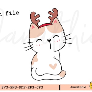 Fichier de coupe SVG chat de Noël - chat mignon renne Noël clipart.