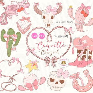 Coquette Cowgirl SVG PNG / Clipart Western da ragazza / Estetica da cowgirl morbida / Design con cappello e stivali da cowboy rosa.