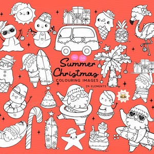 Imagen para colorear de Navidad de verano maravillosa Sello digital de Navidad tropical retro Paquete de imágenes prediseñadas PNG Navidad costera, Sandman, Beach Santa