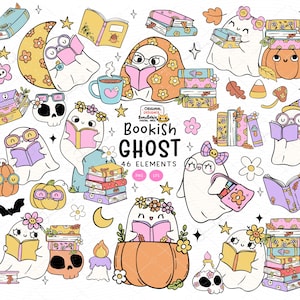 Fantasma che legge libro png fantasmi libreschi png Pastello Libresco Halloween Autunno libro atmosfera png cartone animato clipart scarabocchio disegno set