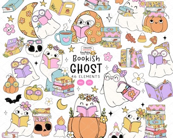 Pastel Ghost Reading Clipart: Bookish Halloween Doodle (PNG, EPS)