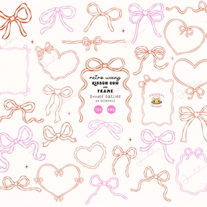 Fiocchi ondulati retrò, cornici e bordi Clipart, stravagante squiggle, fiocco a forma di cuore, cornice disegnata a mano, design di San Valentino per matrimonio rosso eccentrico SVG PNG