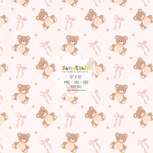 Motif coquette sans couture, ours en peluche vintage avec noeud - arrière-plan en papier numérique répété imprimable - PNG, JPG, PDF