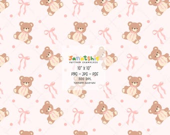 Coquette Teddy Bear Seamless Pattern PNG, Vintage Bear Bow, Nursery Baby Shower, Hand Drawn