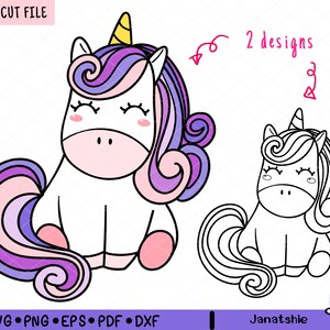 Cute Unicorn Clipart SVG, Purple Unicorn Birthday Vector, Girl Unicorns dxf, Animal Clipart PNG EPS, Violet Unicorn Cut File