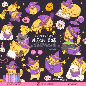 Könnte beinhalten: Ein digitales Illustrationsset mit 37 Elementen von orangefarbenen Katzen, die violette Hexenhüte mit gelben Sternen tragen. Der Text lautet: IN PROGRESS WITCH CAT, SHE HAS THE HAT, SHE HAS THE WAND, SHE HAS ABSOLUTELY NO IDEA WHAT SHE'S DOING, PNG, SVG.