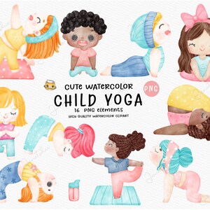 Niño juguetón haciendo yoga. Ilustración de dibujos animados en acuarela pastel. Clipart PNG.
