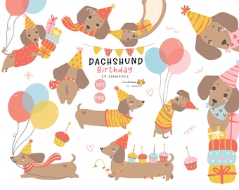 Birthday Dog Clipart, Party Dachshund and Sausage Dog Art PNG,  Kawaii Puppy Clipart, Wiener Dog PNG cartoon graphic vector