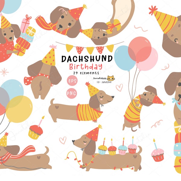 Birthday Dog Clipart, Party Dachshund and Sausage Dog Art PNG,  Kawaii Puppy Clipart, Wiener Dog PNG cartoon graphic vector