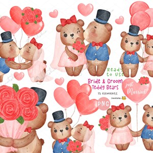 Vintage teddybeer Valentijn clipart, bruid en bruidegom beer romantische beer bruiloft png aquarel Meneer en mevrouw teddybeer met me trouwen png