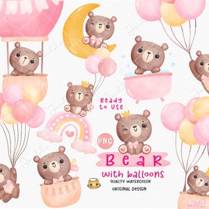 Coquette baby shower teddy bear clipart, Cute Baby Bear with Balloons, Baby Shower girl pink Theme, Watercolor PNG Clipart, Kawaii Nursery