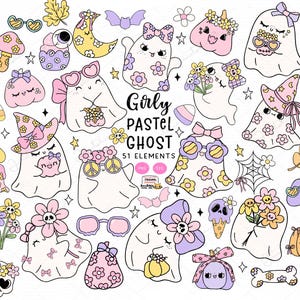 Groovy Pastel Halloween Clipart Pastel ghost png Girly Coquette Ghost png Retro Flower Ghost png Kawaii spooky cartoon doodle clip art