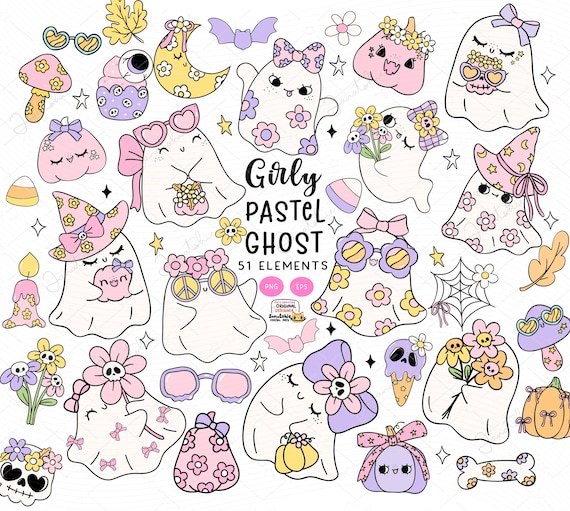 Groovy Pastel Halloween Clipart, Pastel ghost png, Girly Coquette Ghost png, Retro Flower Ghost png, Kawaii spooky cartoon doodle clip art