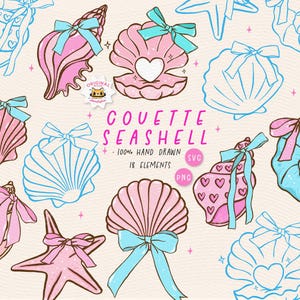 Conchiglia retrò SVG PNG Conchiglia con fiocco Contorno Pastello Estate Costiera Clipart Conchiglia femminile con fiocco Set estetico pescatore preppy