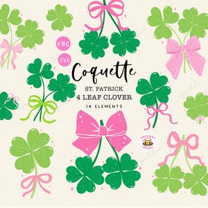 Kokette Kleeblatt mit rosa Schleife, Girly st Patricks Day Shamrock-Kirsche, Pastell St. Patrick Day, Lucky Girl Club svg handgezeichnetes Set.